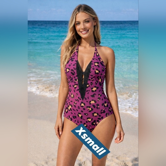 Cupshe Other - NWT Cupshe Purple Leopard Print Halter One-Piece Swimsuit with Deep V